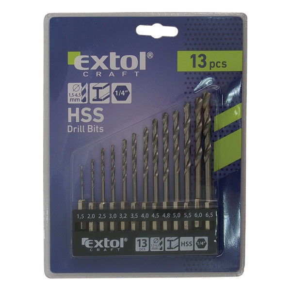 EXTOL fémcsigafúró klt., 13db, HSS; 1,5-6,5mm, 1/4" BIT befogás, polírozott, műanyag tartóban, bliszteren termék fő termékképe
