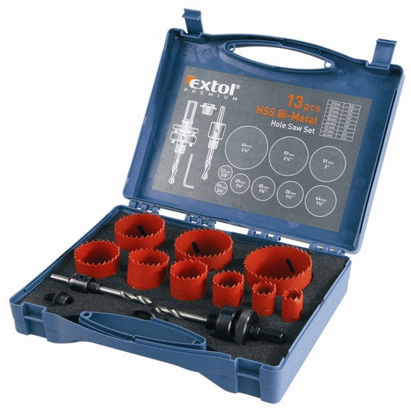 EXTOL körkivágó klt.,HSS Bi-metál,13db-os,(19-22-29-35-38-44-51-57-64mm) műanyag,fa,gipszk.,ALU,réz, vas,acél,rozsdamentesacél termék fő termékképe