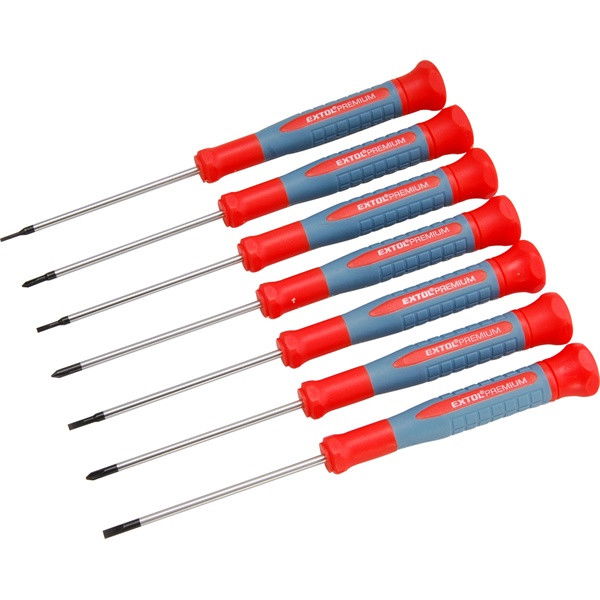 EXTOL órás csavarhúzó klt. 7 db Cr.V. mágneses, 75 mm hosszúság, lapos: 1,5-3 mm, csillag: PH00-PH1, HRC 51-54, bliszteren termék fő termékképe