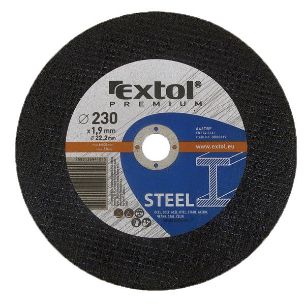 Extol Premium vágókorong acélhoz, kék; 230×1,9×22,2mm, max 6.600 ford/perc, 8808119 termék fő termékképe