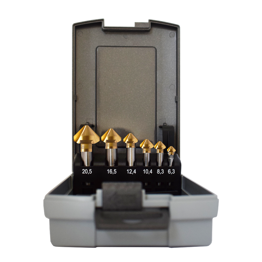 Abraboro HSS-TiN kúpos süllyesztő készlet műanyag dobozban, 6 részes termék fő termékképe