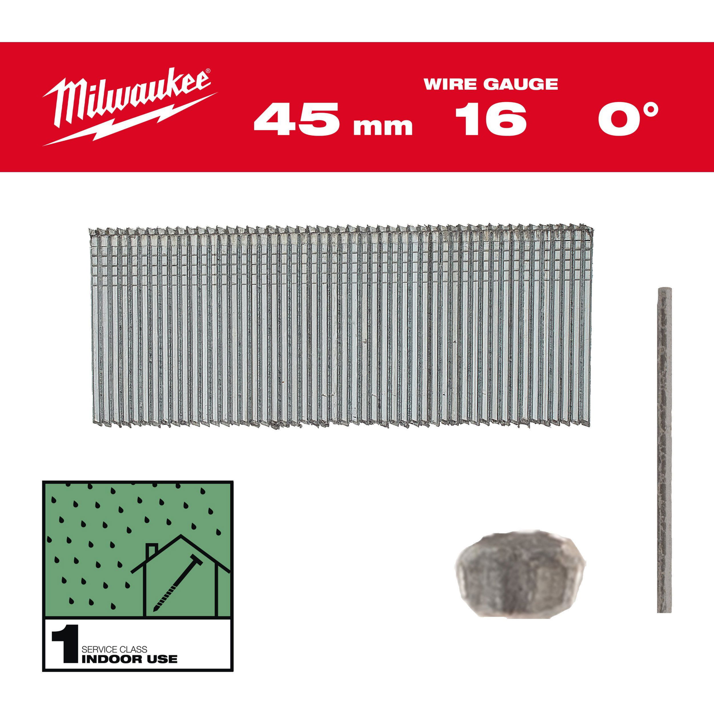 Milwaukee Finish szeg, fej nélküli, galvanizált, 16 Gauge, 0°, SC1, 1.6 x 45 mm, 2500 db/csomag termék fő termékképe